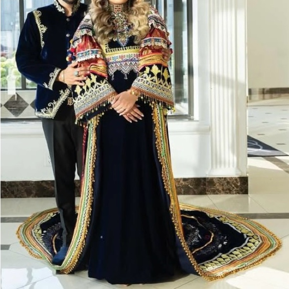 Elegant Multicolor Embroidered Dress Afghan Henna Night Bridal Dress - Picture 4 of 15